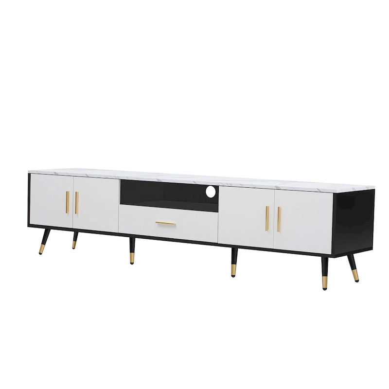 Meuble TV moderne avec 2 placards et compartiments ouverts, console de télévision pour le salon ou la chambre