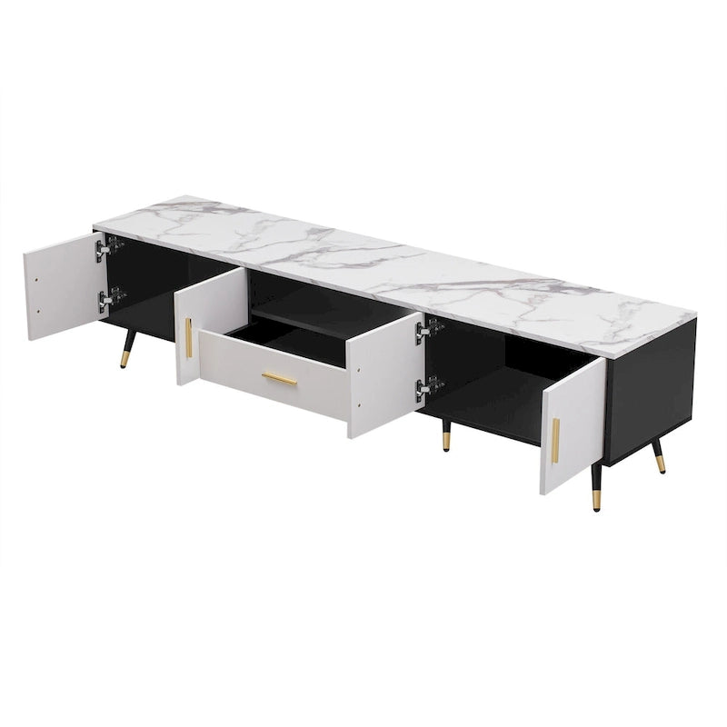 Meuble TV moderne avec 2 placards et compartiments ouverts, console de télévision pour le salon ou la chambre