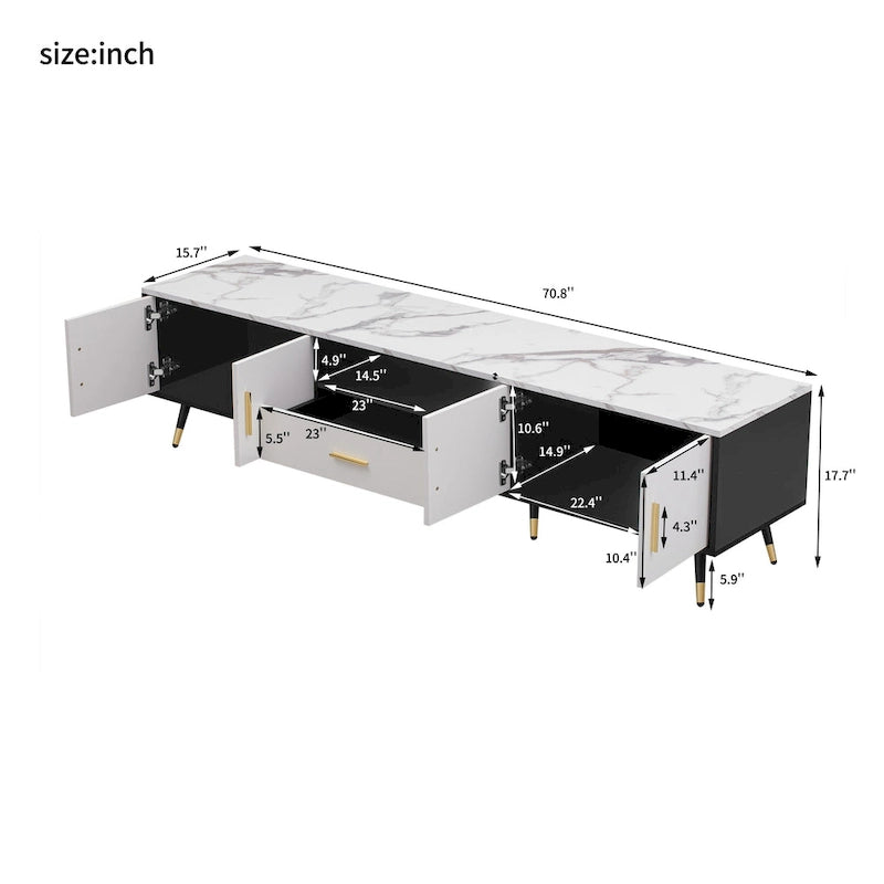 Meuble TV moderne avec 2 placards et compartiments ouverts, console de télévision pour le salon ou la chambre
