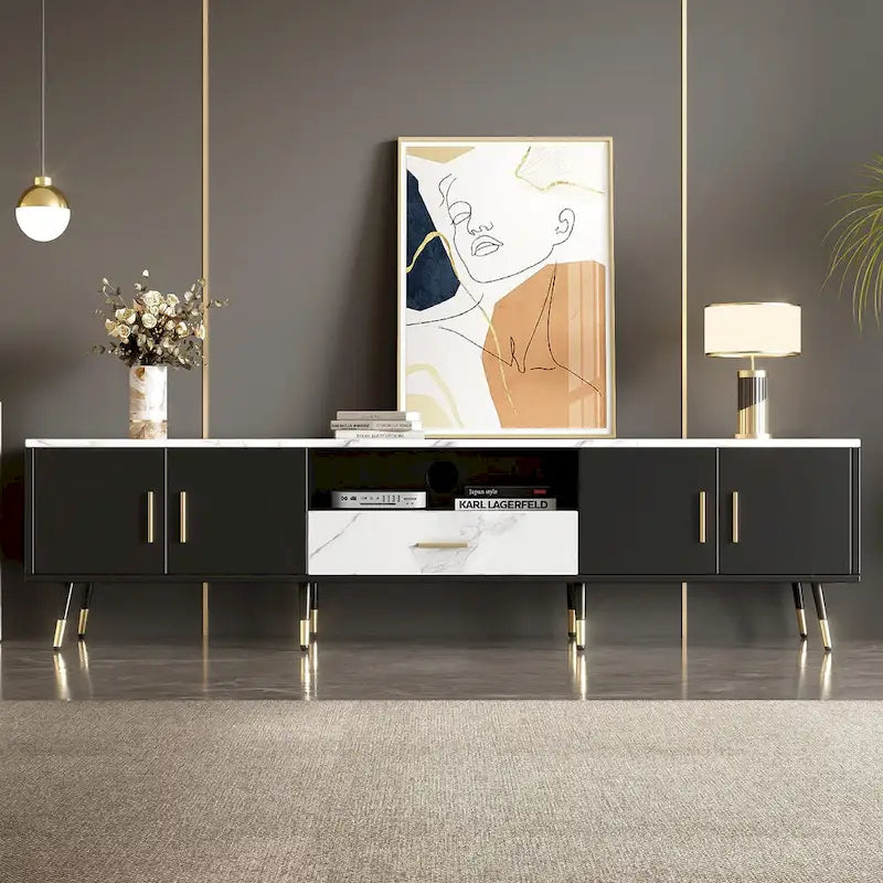 Meuble TV moderne avec 2 placards et compartiments ouverts, console de télévision pour le salon ou la chambre