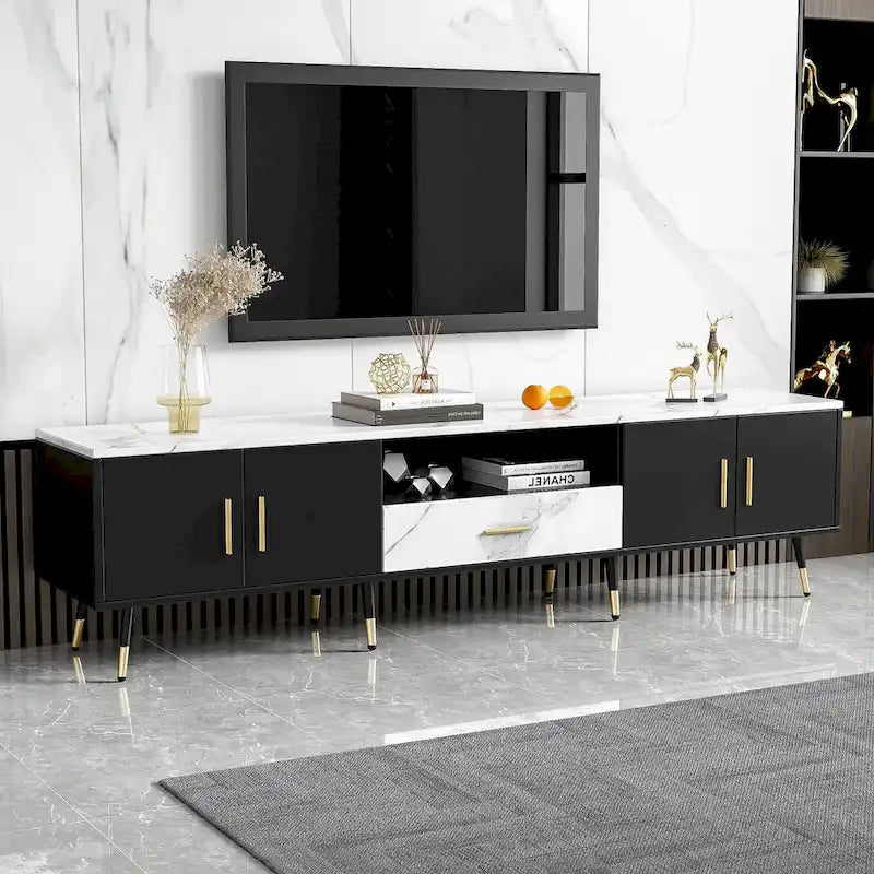 Meuble TV moderne avec 2 placards et compartiments ouverts, console de télévision pour le salon ou la chambre