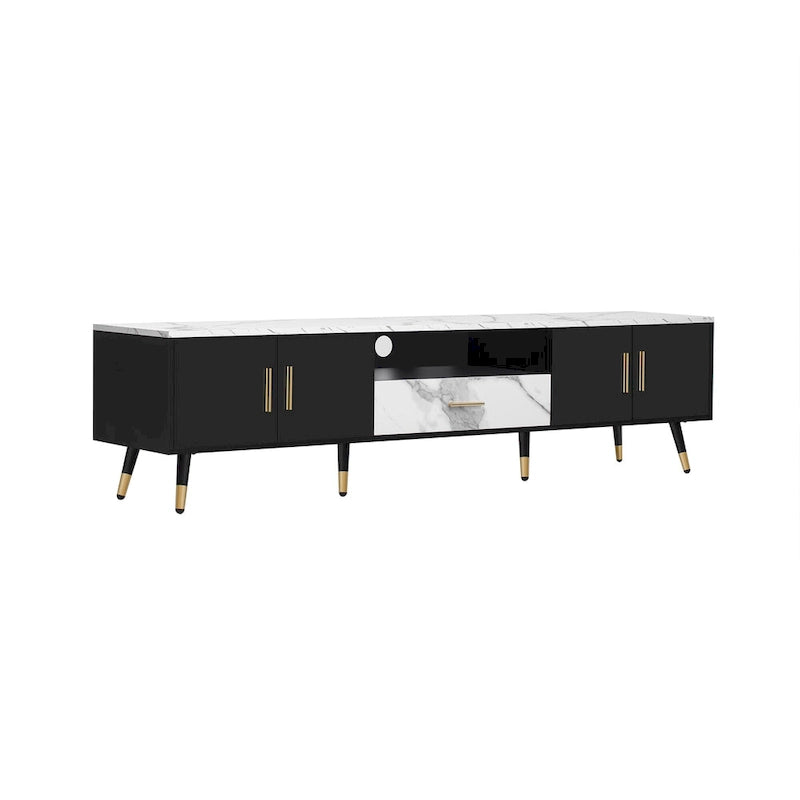 Meuble TV moderne avec 2 placards et compartiments ouverts, console de télévision pour le salon ou la chambre