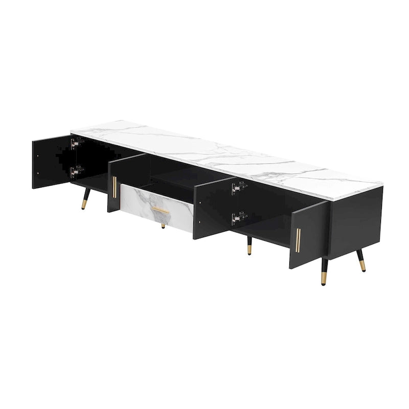 Meuble TV moderne avec 2 placards et compartiments ouverts, console de télévision pour le salon ou la chambre