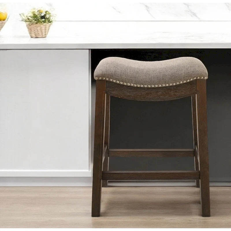 Chaise de bar de comptoir sans dossier de 26, en tissu gris et marron et bois massif