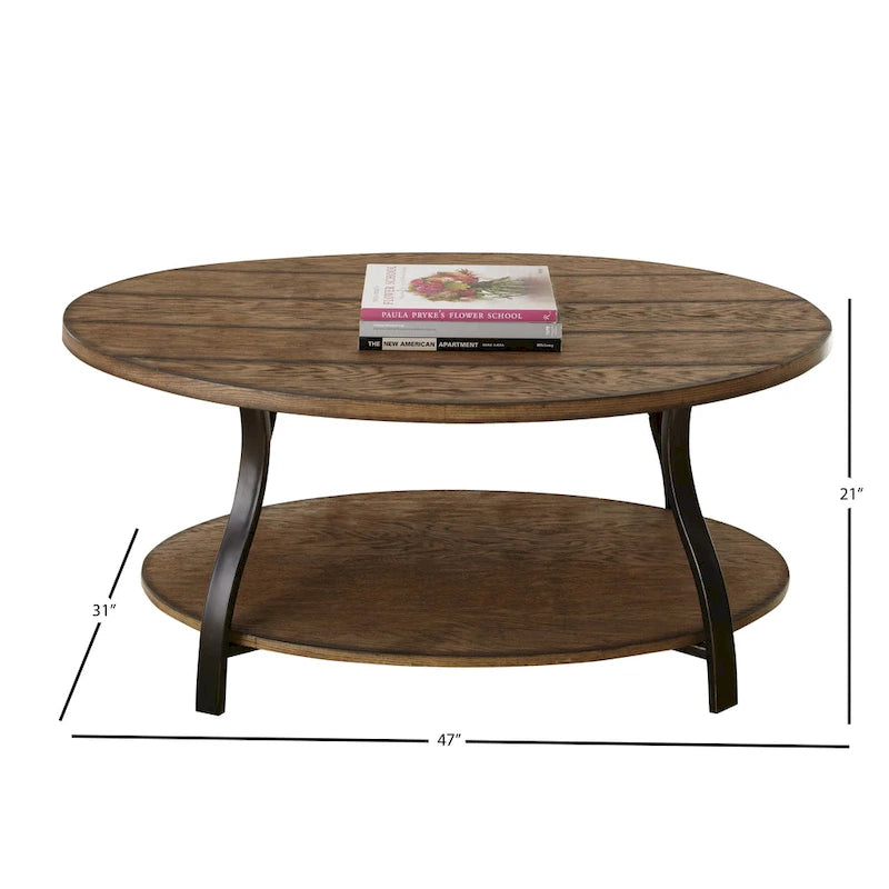 Oval Wood and Metal Coffee Table