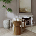 Sculpted Wood Drum Accent Table