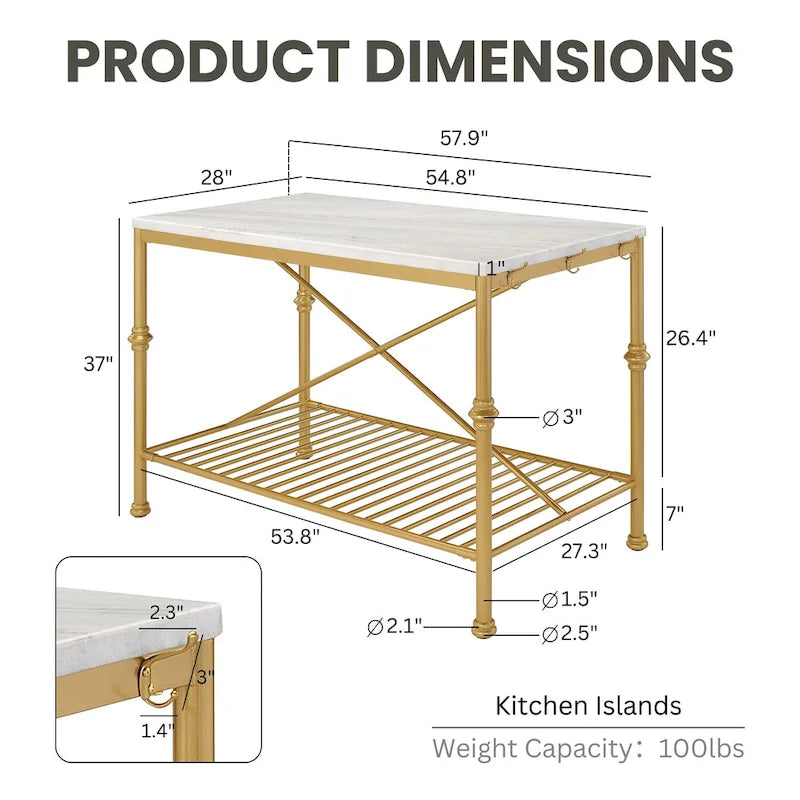 Contemporary White and Gold 58-inch Wide Marble Top Kitchen Island