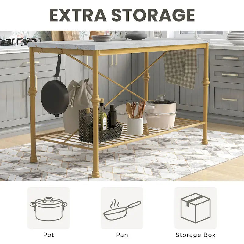 Contemporary White and Gold 58-inch Wide Marble Top Kitchen Island