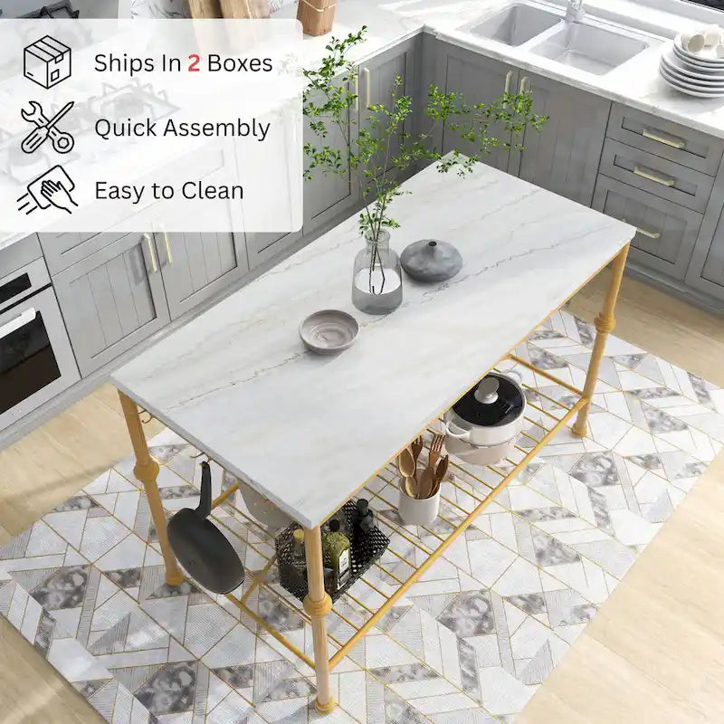 Contemporary White and Gold 58-inch Wide Marble Top Kitchen Island