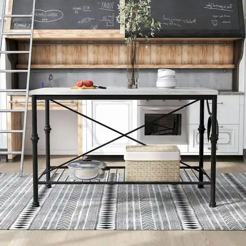 Moderne wit-gouden keukeneilandtafel van 58 inch breed met marmeren blad