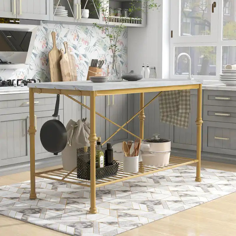 Moderne wit-gouden keukeneilandtafel van 58 inch breed met marmeren blad
