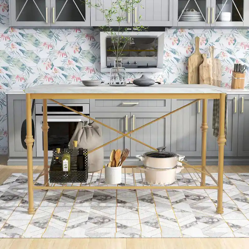 Moderne wit-gouden keukeneilandtafel van 58 inch breed met marmeren blad