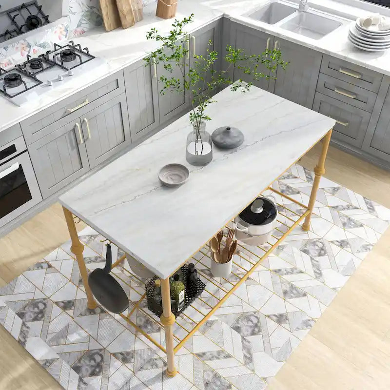Moderne wit-gouden keukeneilandtafel van 58 inch breed met marmeren blad