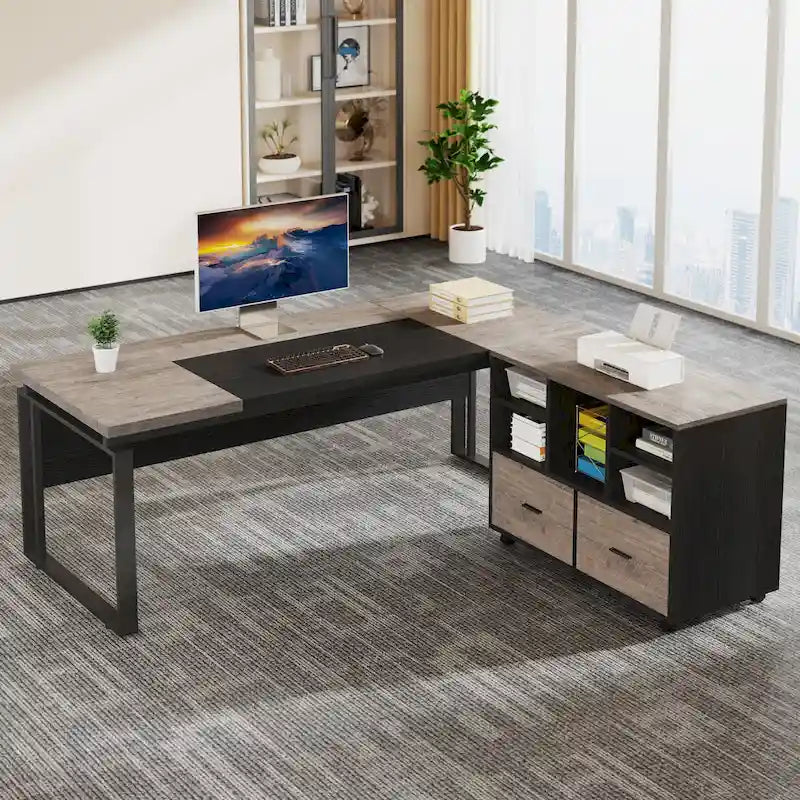 L-Shaped Executive Desk with File Cabinet