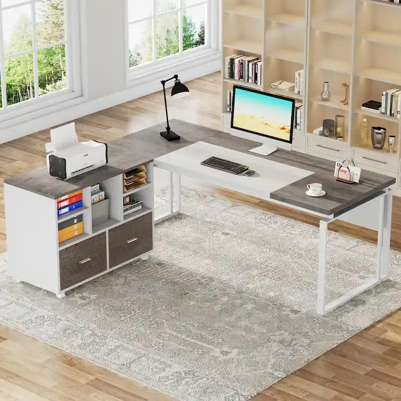 L-Shaped Executive Desk with File Cabinet
