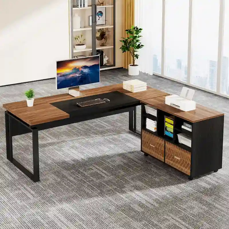 L-Shaped Executive Desk with File Cabinet
