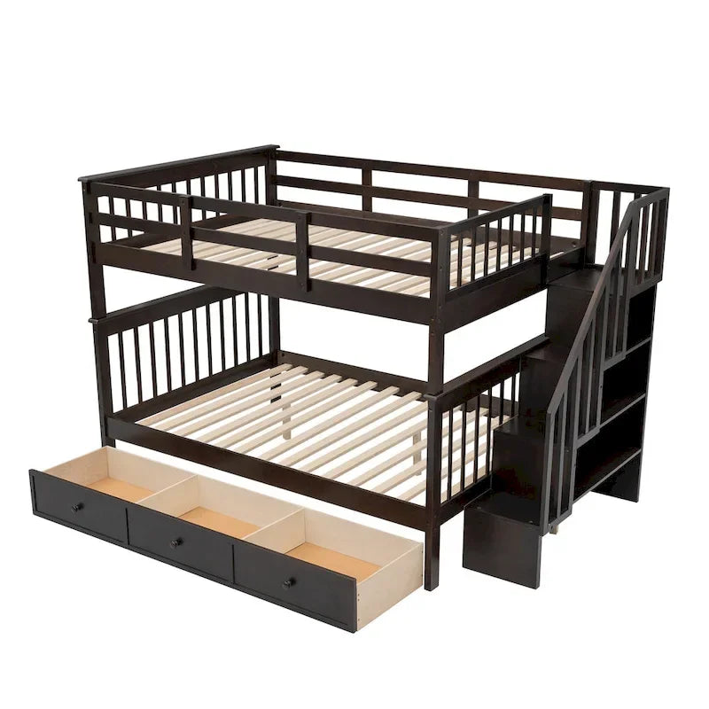 Lit superposé escalier deux places sur deux places avec tiroir, rangement et barrière de sécurité pour chambre, coloris espresso