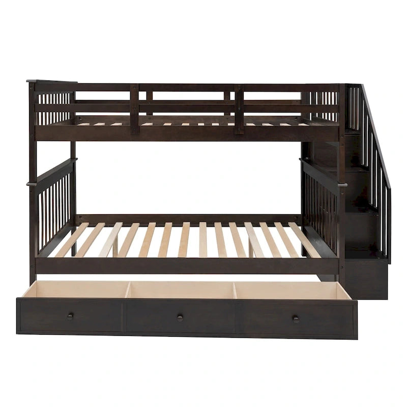 Lit superposé escalier deux places sur deux places avec tiroir, rangement et barrière de sécurité pour chambre, coloris espresso