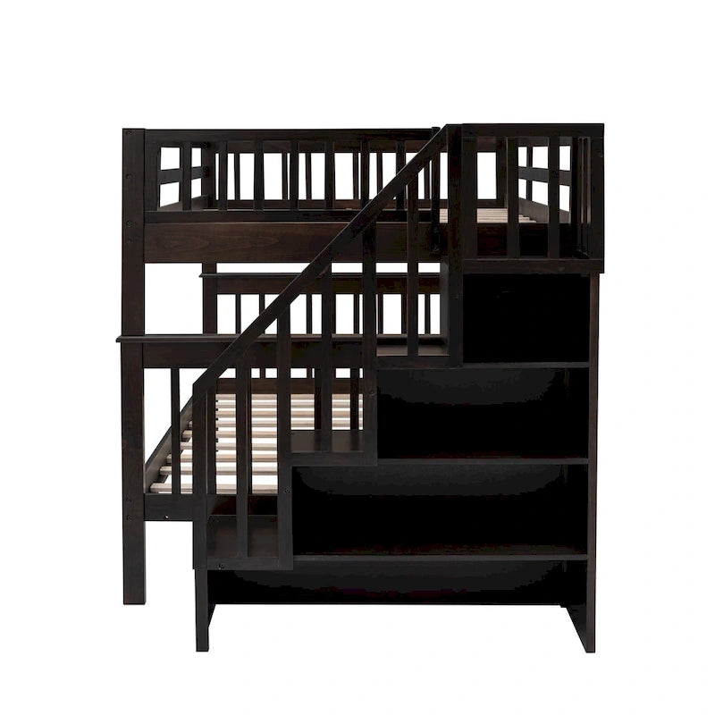 Lit superposé escalier deux places sur deux places avec tiroir, rangement et barrière de sécurité pour chambre, coloris espresso