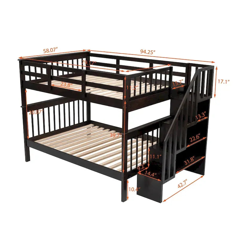 Lit superposé escalier deux places sur deux places avec tiroir, rangement et barrière de sécurité pour chambre, coloris espresso