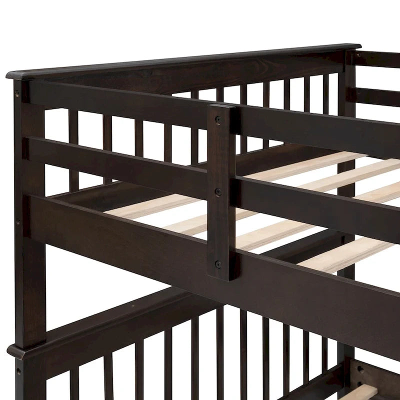 Lit superposé escalier deux places sur deux places avec tiroir, rangement et barrière de sécurité pour chambre, coloris espresso