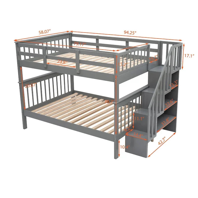 Lit superposé escalier deux places sur deux places avec tiroir, rangement et barrière de sécurité pour chambre, coloris espresso