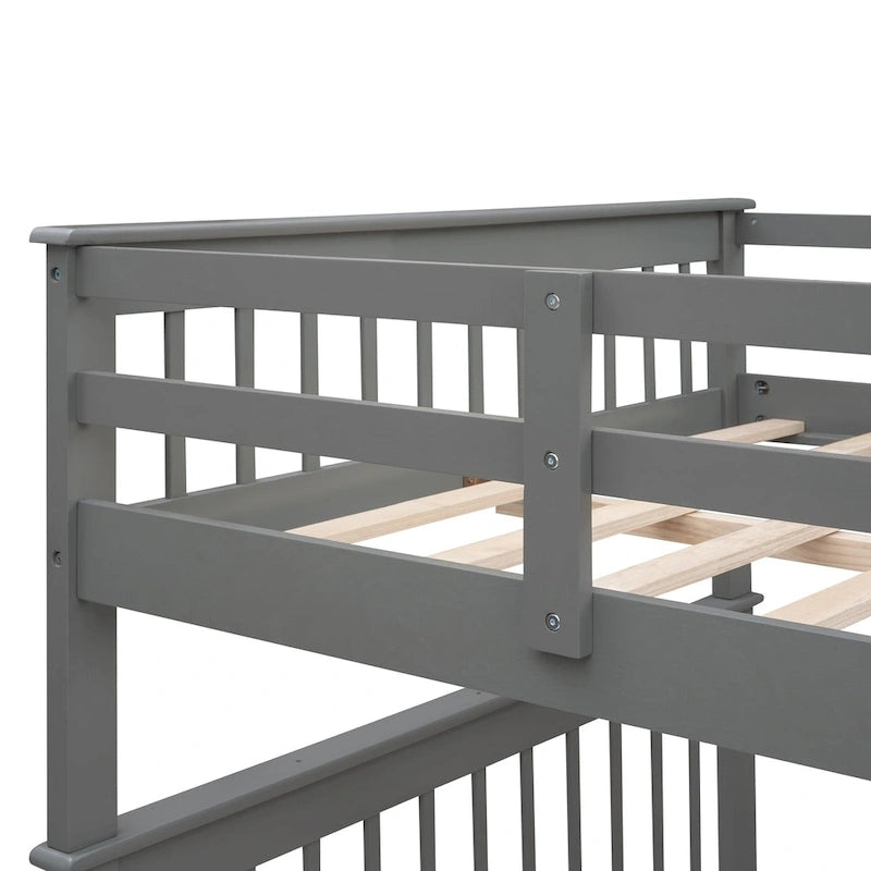 Lit superposé escalier deux places sur deux places avec tiroir, rangement et barrière de sécurité pour chambre, coloris espresso