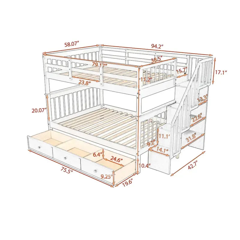 Lit superposé escalier deux places sur deux places avec tiroir, rangement et barrière de sécurité pour chambre, coloris espresso