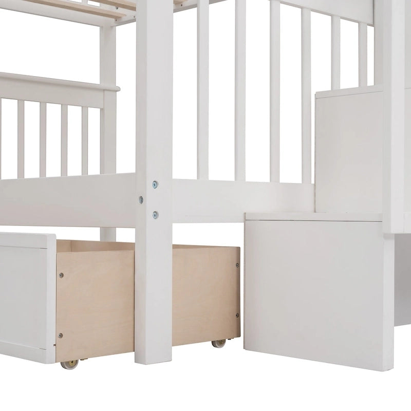 Lit superposé escalier deux places sur deux places avec tiroir, rangement et barrière de sécurité pour chambre, coloris espresso