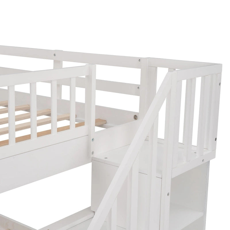 Lit superposé escalier deux places sur deux places avec tiroir, rangement et barrière de sécurité pour chambre, coloris espresso