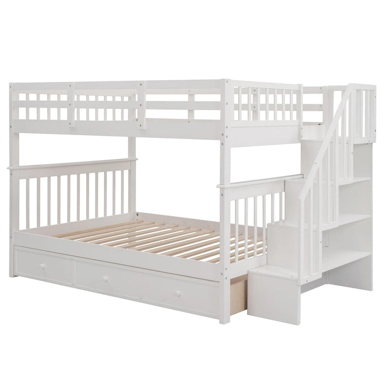 Lit superposé escalier deux places sur deux places avec tiroir, rangement et barrière de sécurité pour chambre, coloris espresso