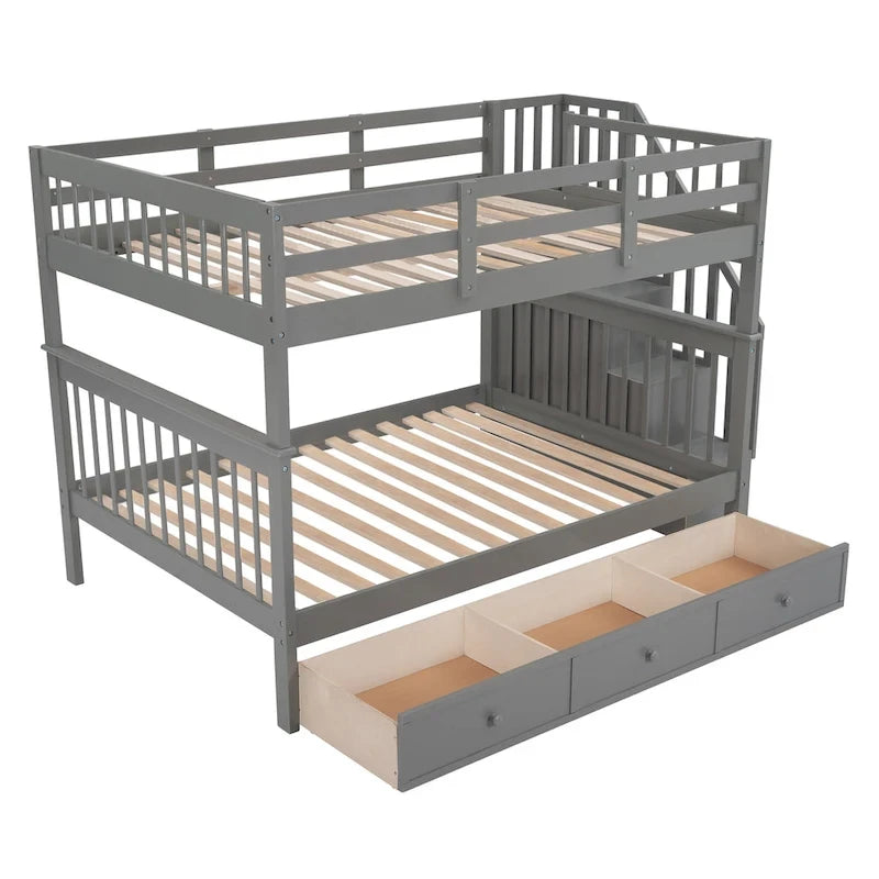 Lit superposé escalier deux places sur deux places avec tiroir, rangement et barrière de sécurité pour chambre, coloris espresso