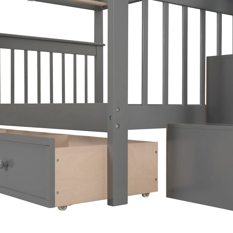 Lit superposé escalier deux places sur deux places avec tiroir, rangement et barrière de sécurité pour chambre, coloris espresso