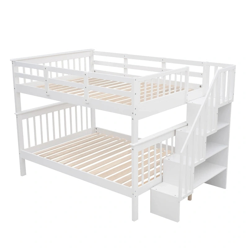 Lit superposé escalier deux places sur deux places avec tiroir, rangement et barrière de sécurité pour chambre, coloris espresso