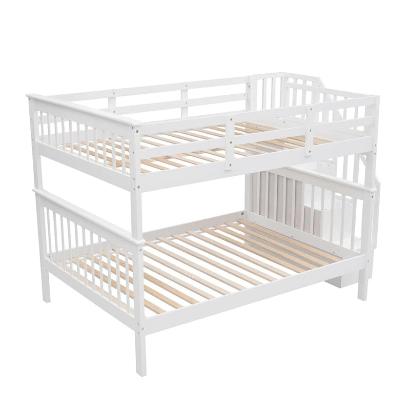 Lit superposé escalier deux places sur deux places avec tiroir, rangement et barrière de sécurité pour chambre, coloris espresso