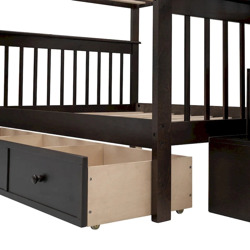 Lit superposé escalier deux places sur deux places avec tiroir, rangement et barrière de sécurité pour chambre, coloris espresso