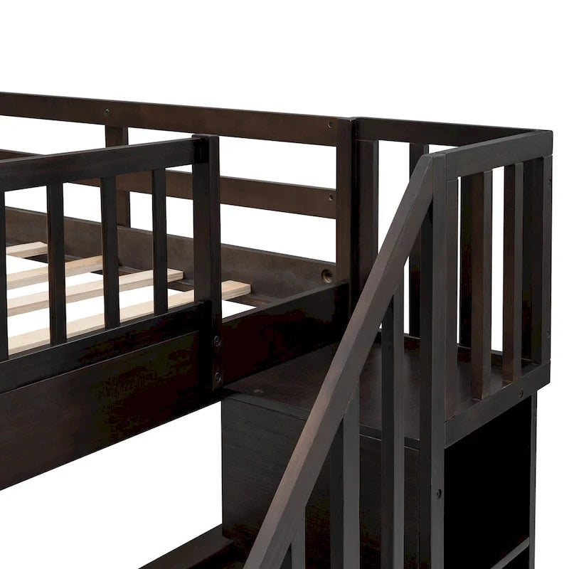 Lit superposé escalier deux places sur deux places avec tiroir, rangement et barrière de sécurité pour chambre, coloris espresso
