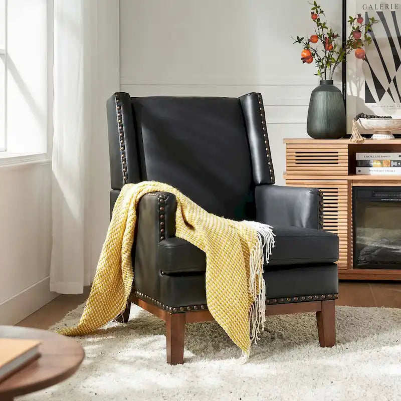 Lourdes Genuine Leather Armchair with Solid Wood Frame and Removable Seat Cushion by HULALA HOME
