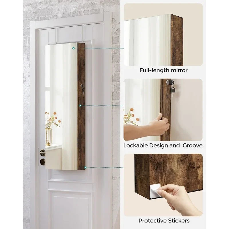Witte houten afsluitbare sieradenkast met spiegel - 14.8 L x 3.8 B x 42.5 H