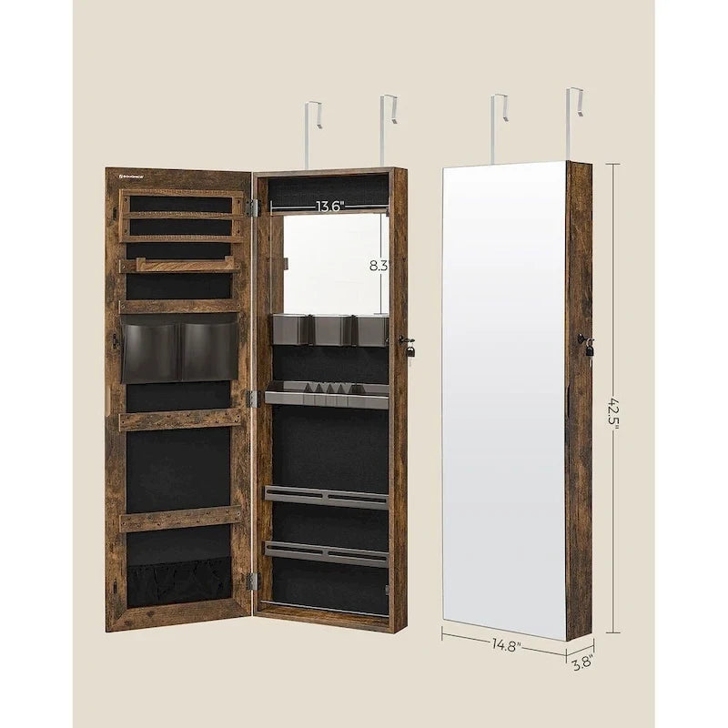 Witte houten afsluitbare sieradenkast met spiegel - 14.8 L x 3.8 B x 42.5 H