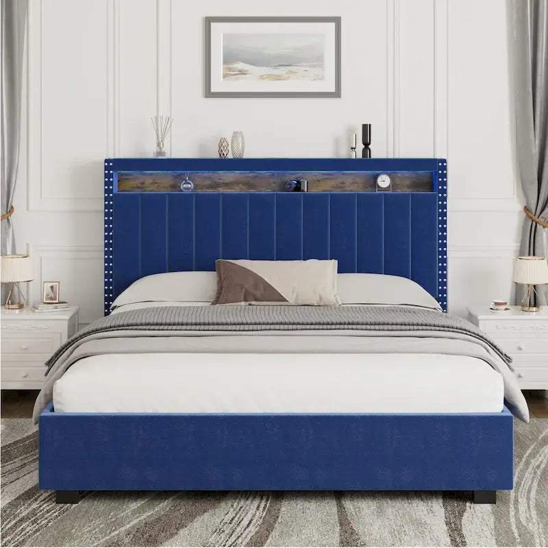Lit queen size avec coffre à relevage par vérins à gaz, éclairage LED RF et tête de lit avec rangements, velours queen size