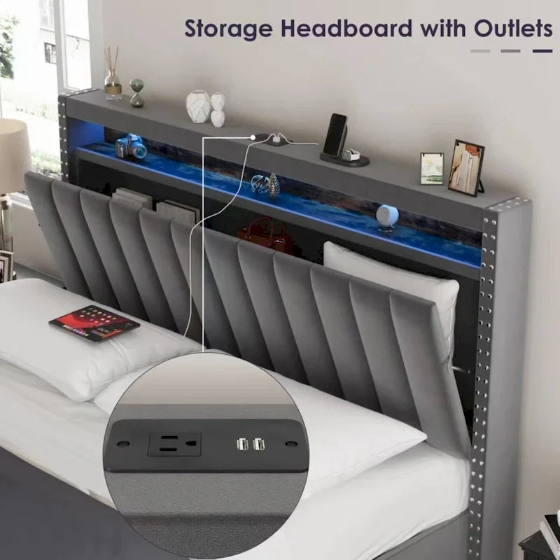 Lit queen size avec coffre à relevage par vérins à gaz, éclairage LED RF et tête de lit avec rangements, velours queen size
