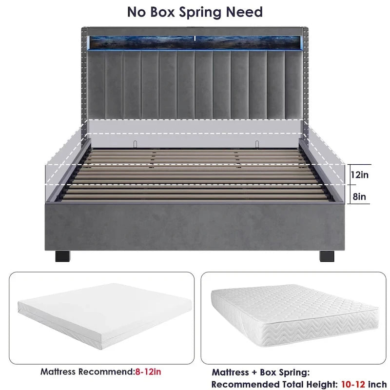 Lit queen size avec coffre à relevage par vérins à gaz, éclairage LED RF et tête de lit avec rangements, velours queen size