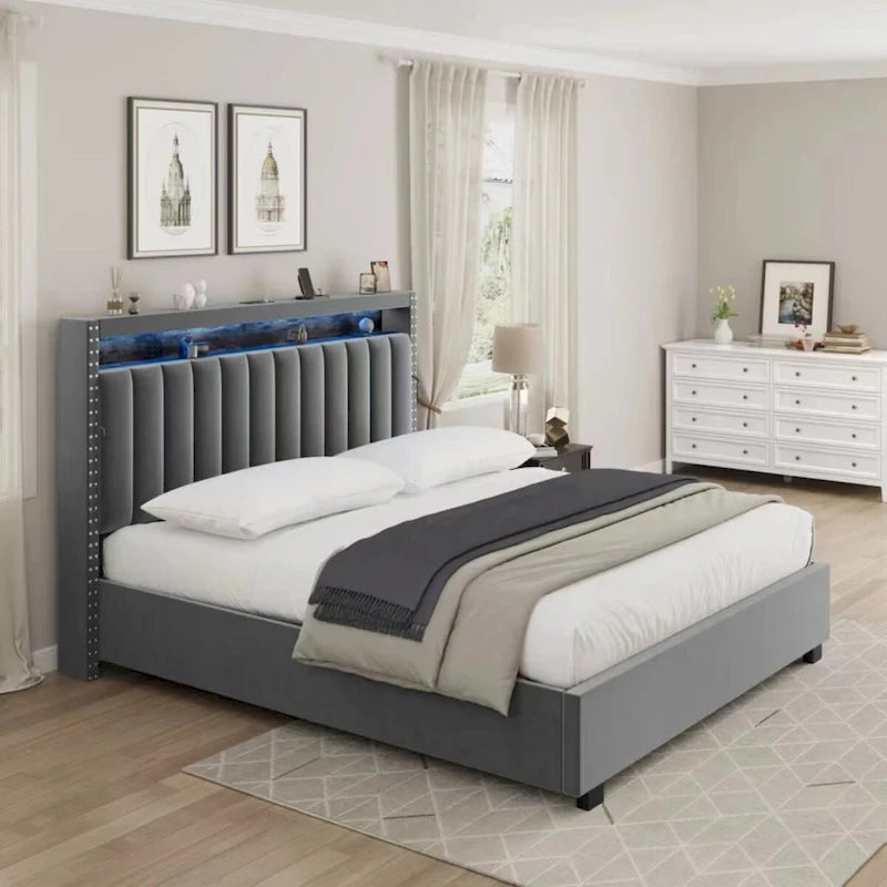 Lit queen size avec coffre à relevage par vérins à gaz, éclairage LED RF et tête de lit avec rangements, velours queen size