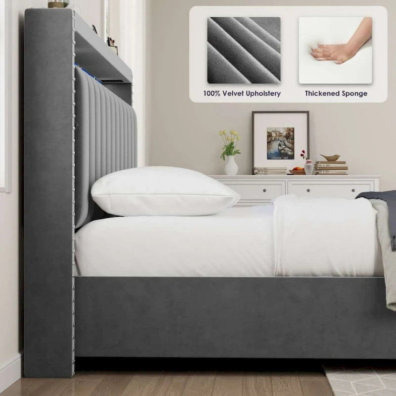 Lit queen size avec coffre à relevage par vérins à gaz, éclairage LED RF et tête de lit avec rangements, velours queen size