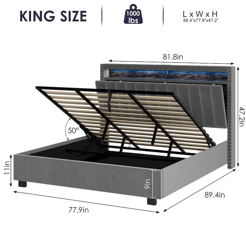 Lit queen size avec coffre à relevage par vérins à gaz, éclairage LED RF et tête de lit avec rangements, velours queen size
