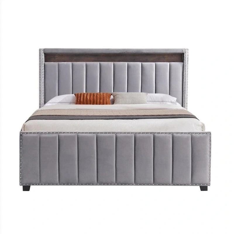 Lit queen size avec coffre à relevage par vérins à gaz, éclairage LED RF et tête de lit avec rangements, velours queen size