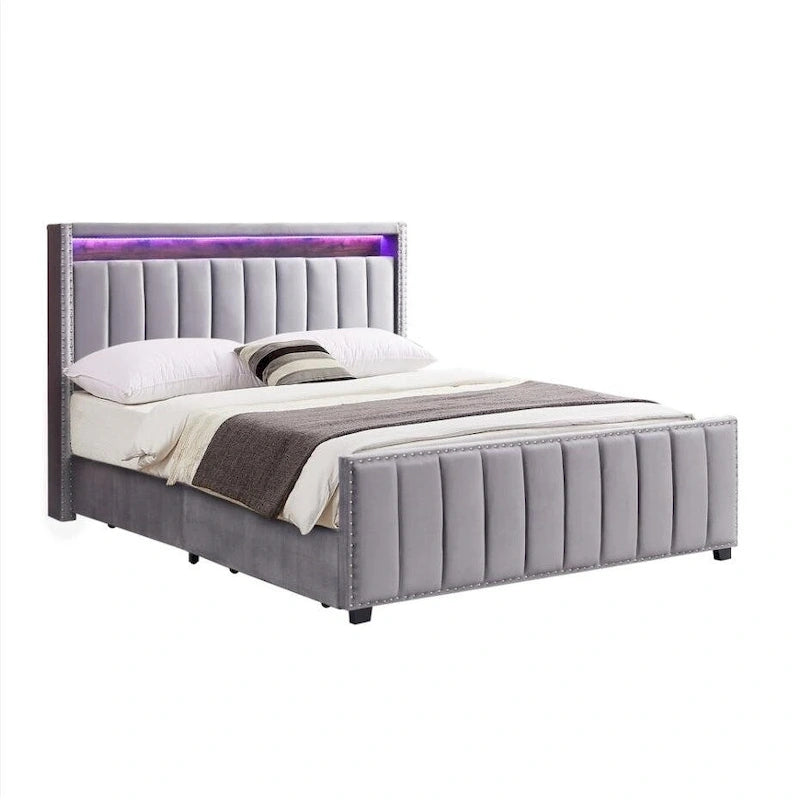 Lit queen size avec coffre à relevage par vérins à gaz, éclairage LED RF et tête de lit avec rangements, velours queen size