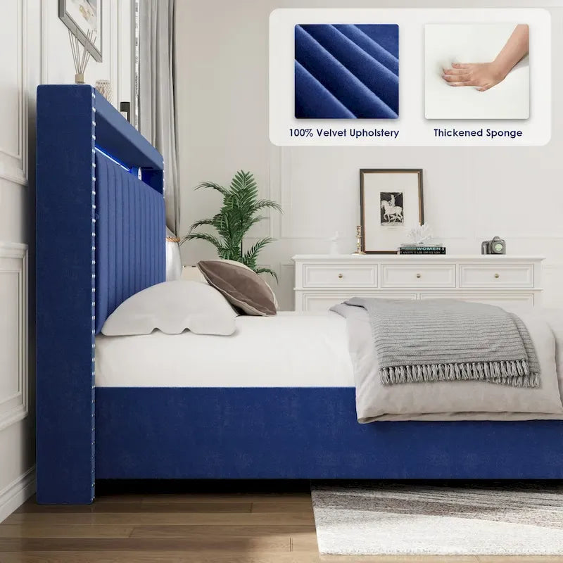 Lit queen size avec coffre à relevage par vérins à gaz, éclairage LED RF et tête de lit avec rangements, velours queen size