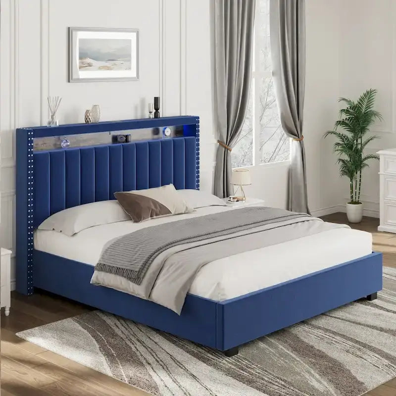 Lit queen size avec coffre à relevage par vérins à gaz, éclairage LED RF et tête de lit avec rangements, velours queen size